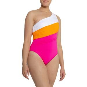 LA BLANCA Island Goddess One-Shoulder One-Piece Size 14 Pink Orange NWT